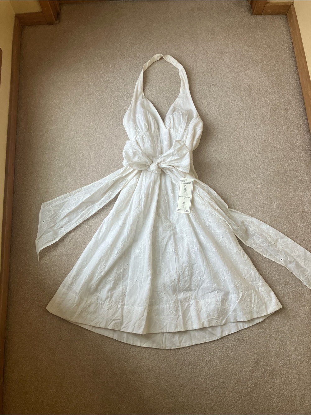 Strapless White Halter Tie-Waist Eyelet Dress